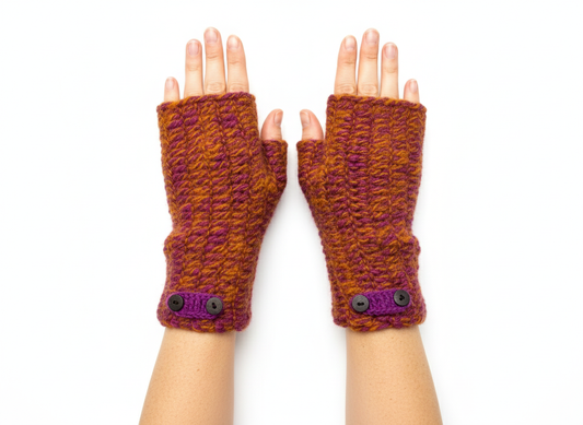 100% Wool Hand Knit Fingerless Gloves | Winter Hand warmers Fleece Lined One Size ORANGE + PURPLE