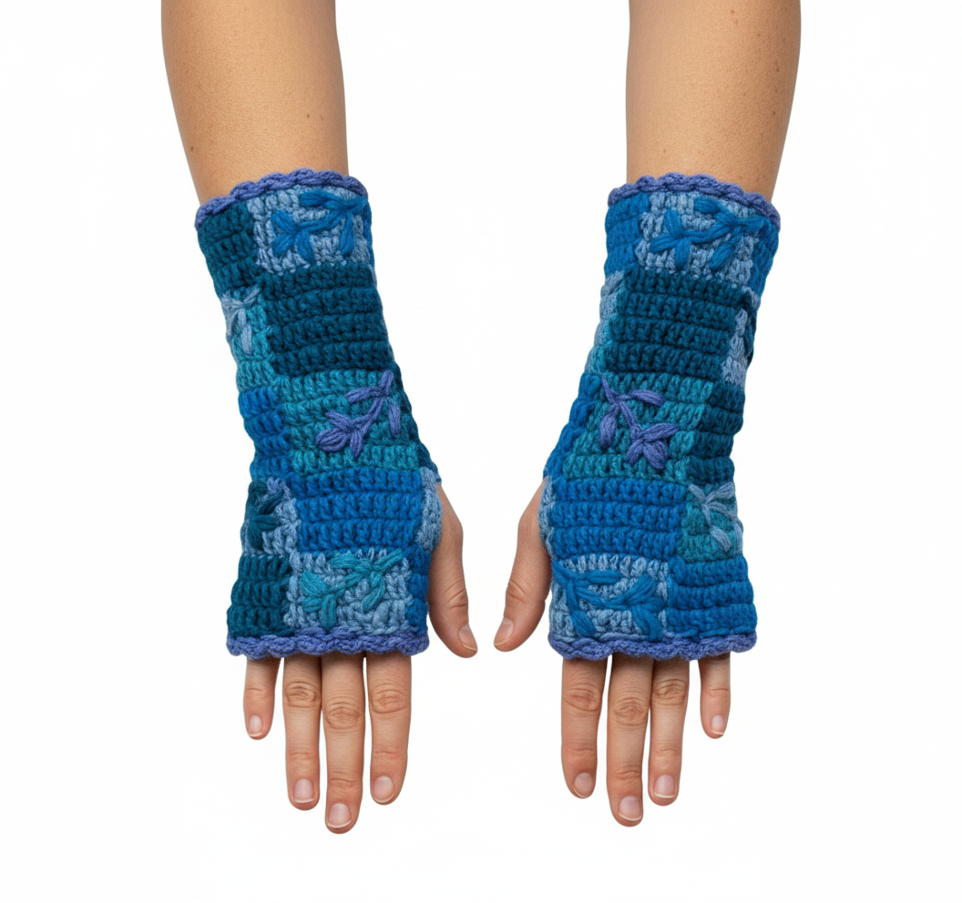 Handmade Crochet Stitch Handwarmers 100% Wool | Fleece Lined Fingerless Gloves One Size P10