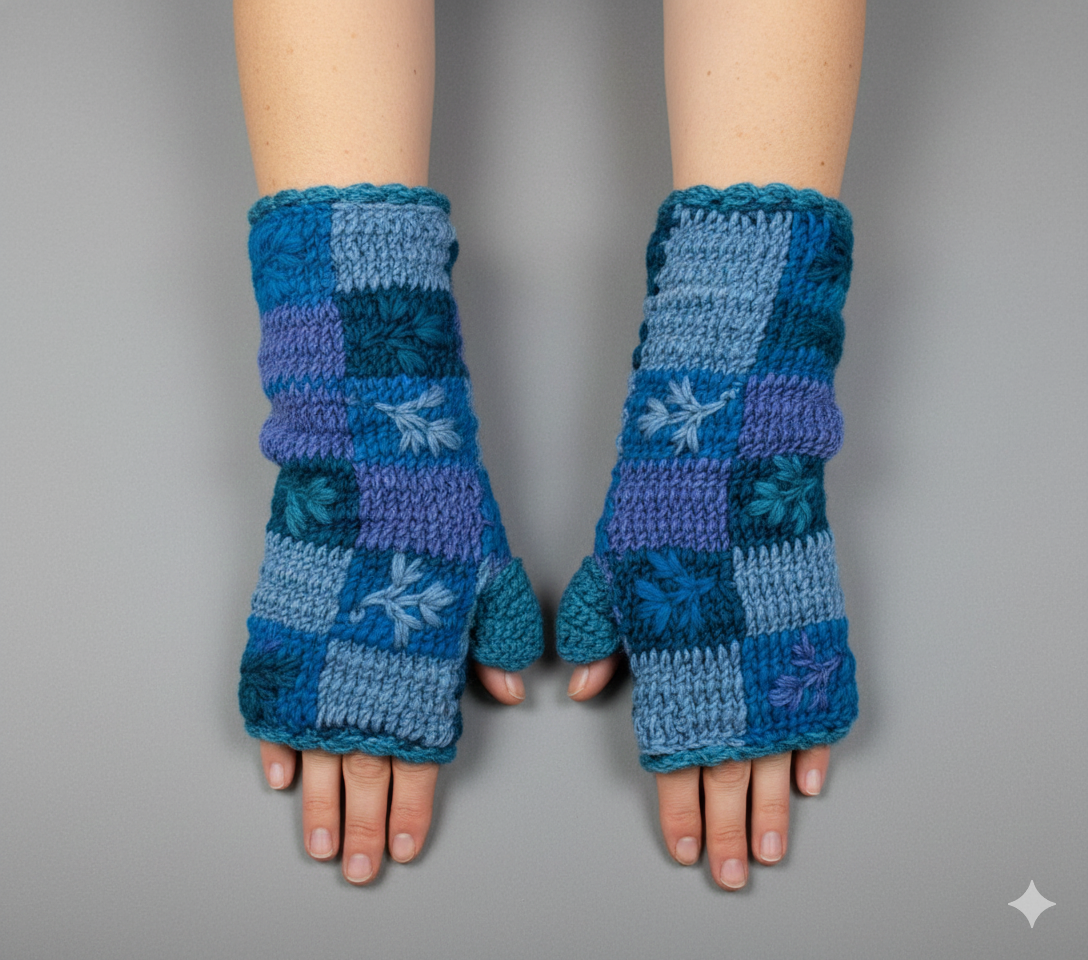 Handmade Crochet Stitch Handwarmers 100% Wool | Fleece Lined Fingerless Gloves One Size P11