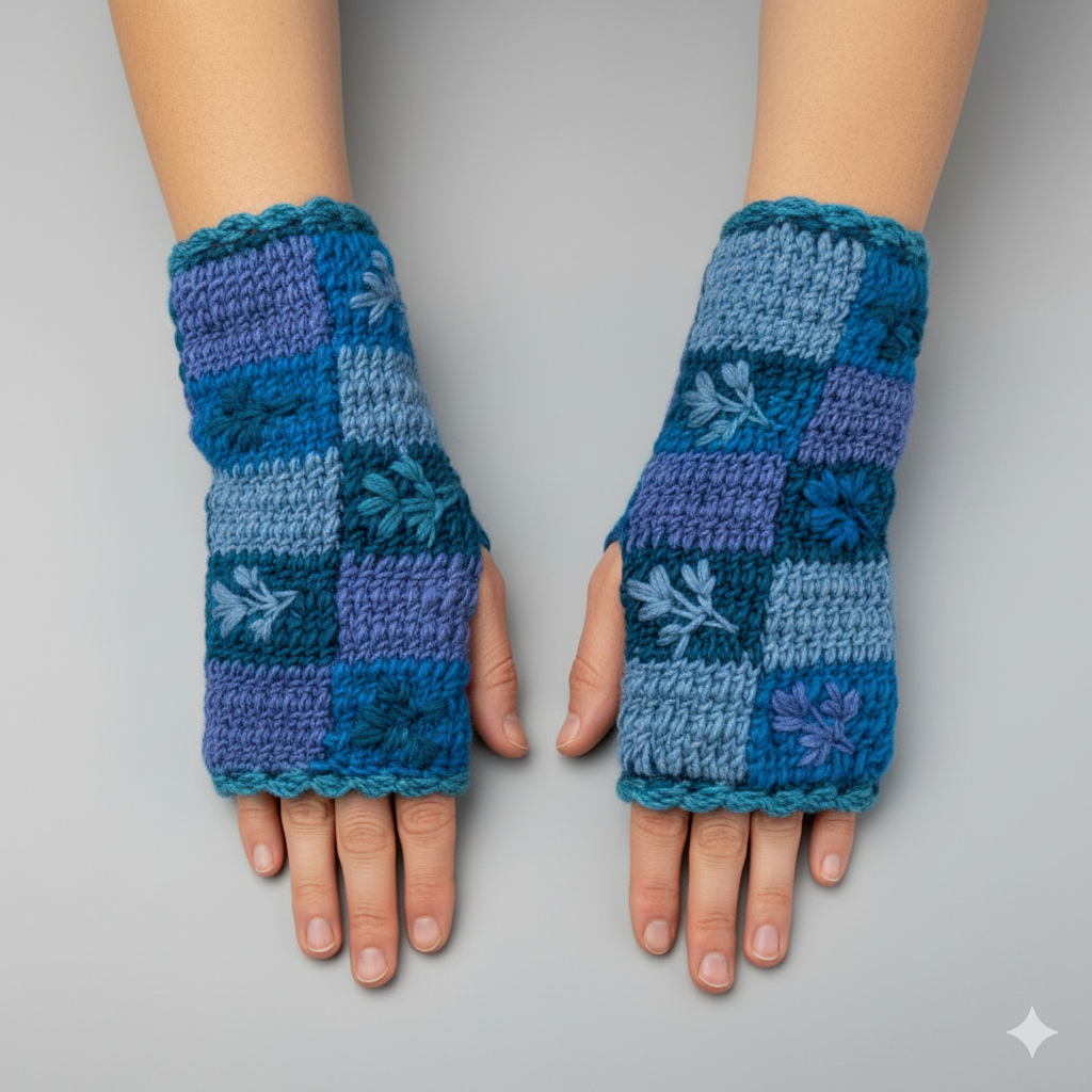 Handmade Crochet Stitch Handwarmers 100% Wool | Fleece Lined Fingerless Gloves One Size P12