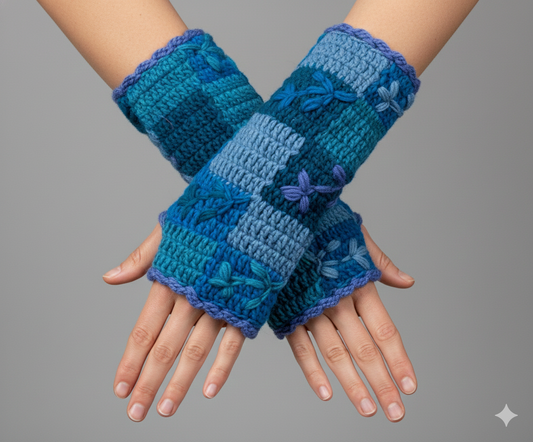 Handmade Crochet Stitch Handwarmers 100% Wool | Fleece Lined Fingerless Gloves One Size P13