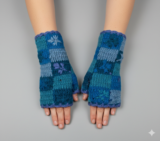 Handmade Crochet Stitch Handwarmers 100% Wool | Fleece Lined Fingerless Gloves One Size P14