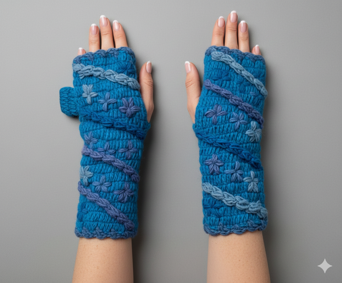Handmade Crochet Stitch Handwarmers 100% Wool | Fleece Lined Fingerless Gloves One Size P15