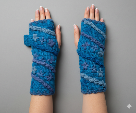 Handmade Crochet Stitch Handwarmers 100% Wool | Fleece Lined Fingerless Gloves One Size P15