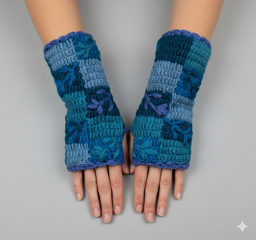 Handmade Crochet Stitch Handwarmers 100% Wool | Fleece Lined Fingerless Gloves One Size P16
