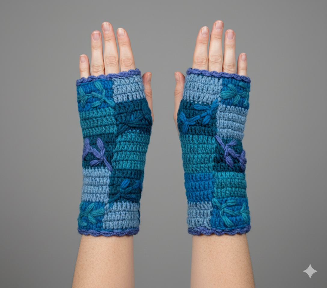 Handmade Crochet Stitch Handwarmers 100% Wool | Fleece Lined Fingerless Gloves One Size P17