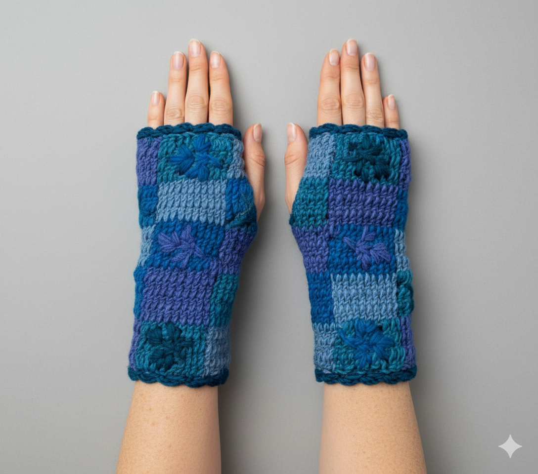 Handmade Crochet Stitch Handwarmers 100% Wool | Fleece Lined Fingerless Gloves One Size P18