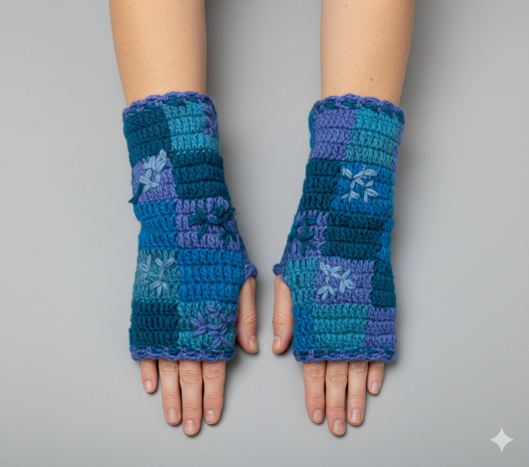 Handmade Crochet Stitch Handwarmers 100% Wool | Fleece Lined Fingerless Gloves One Size P19
