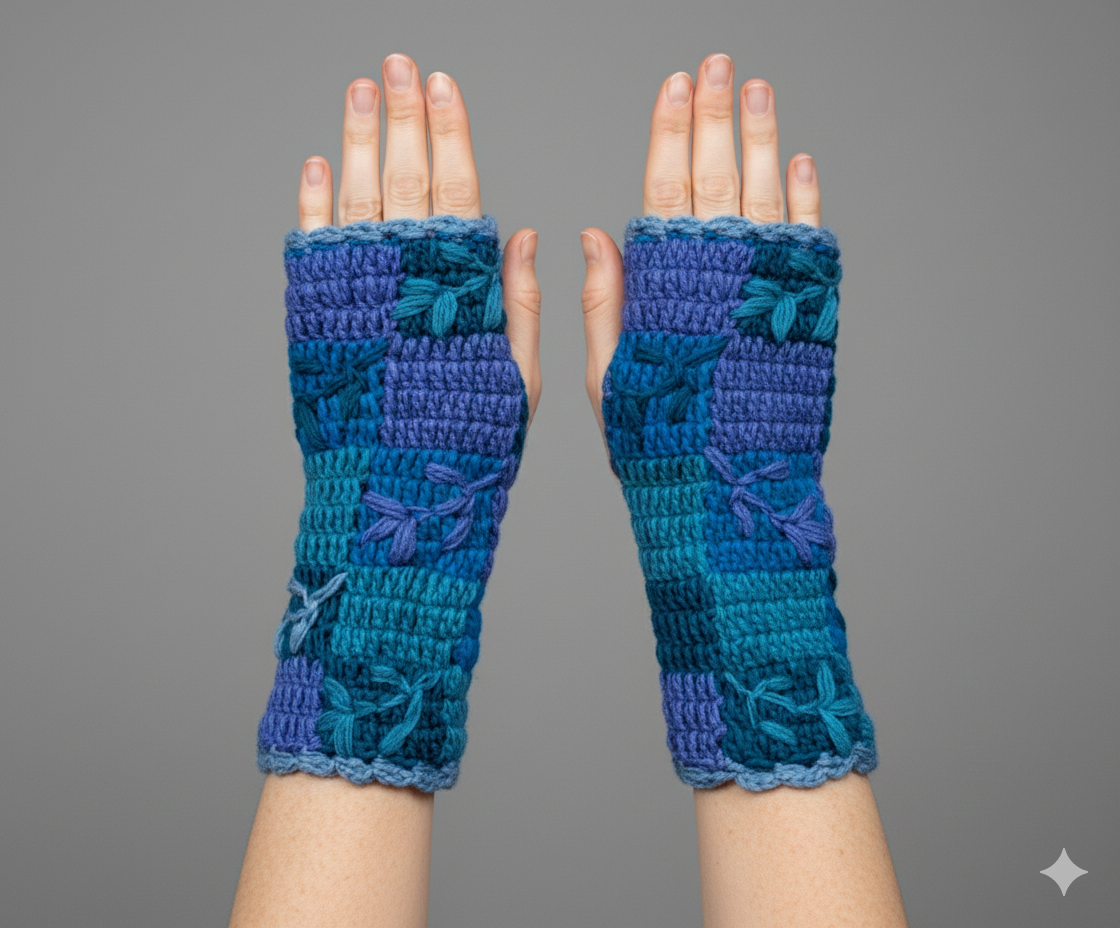 Handmade Crochet Stitch Handwarmers 100% Wool | Fleece Lined Fingerless Gloves One Size P20