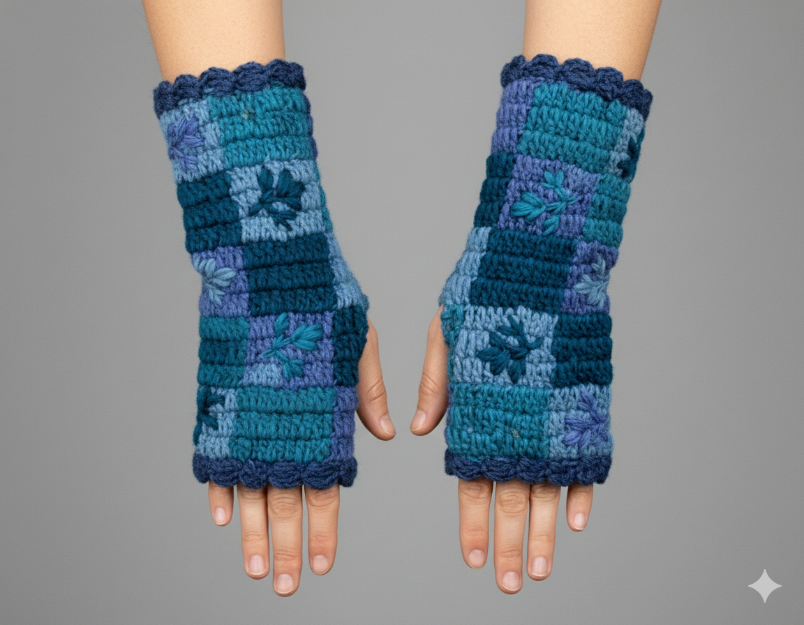 Handmade Crochet Stitch Handwarmers 100% Wool | Fleece Lined Fingerless Gloves One Size P21