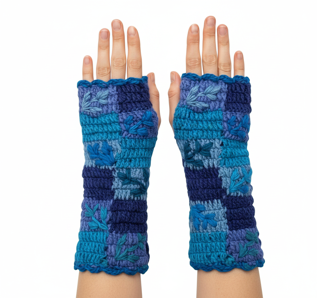 Handmade Crochet Stitch Handwarmers 100% Wool | Fleece Lined Fingerless Gloves One Size P3