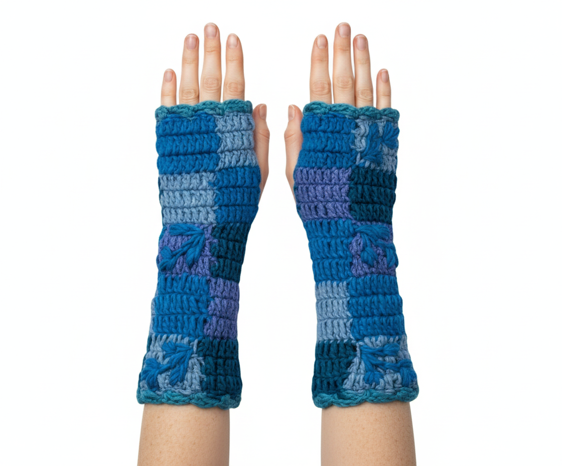 Handmade Crochet Stitch Handwarmers 100% Wool | Fleece Lined Fingerless Gloves One Size P4