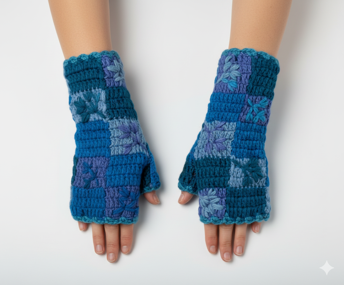 Handmade Crochet Stitch Handwarmers 100% Wool | Fleece Lined Fingerless Gloves One Size P5