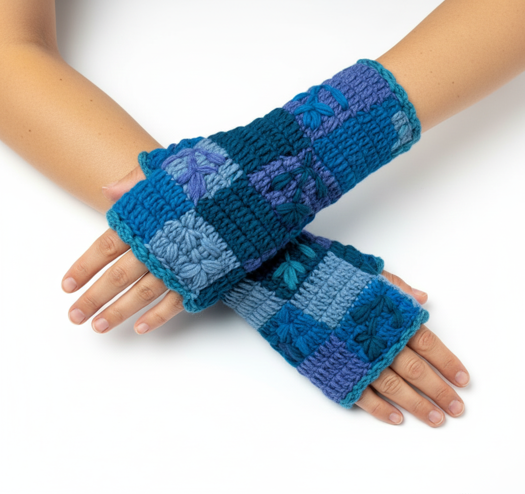 Handmade Crochet Stitch Handwarmers 100% Wool | Fleece Lined Fingerless Gloves One Size P7