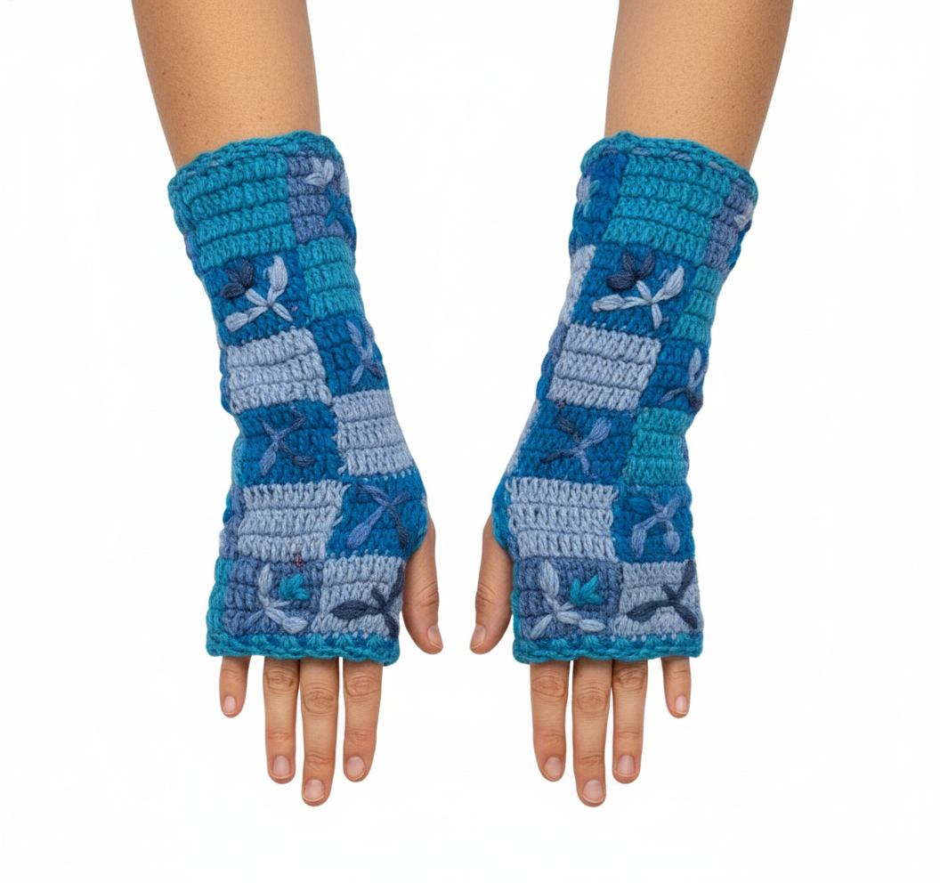 Handmade Crochet Stitch Handwarmers 100% Wool | Fleece Lined Fingerless Gloves One Size P8