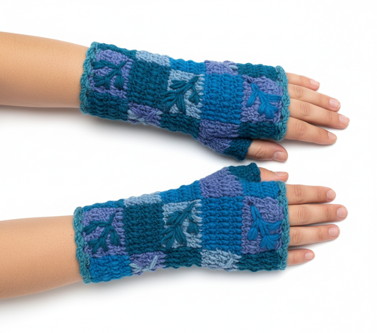 Handmade Crochet Stitch Handwarmers 100% Wool | Fleece Lined Fingerless Gloves One Size P9