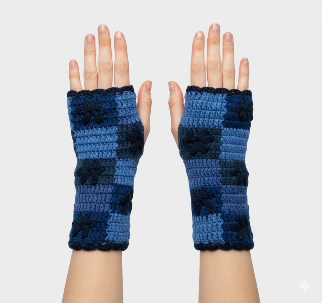 Handmade Crochet Stitch Handwarmers 100% Wool | Fleece Lined Fingerless Gloves One Size P5