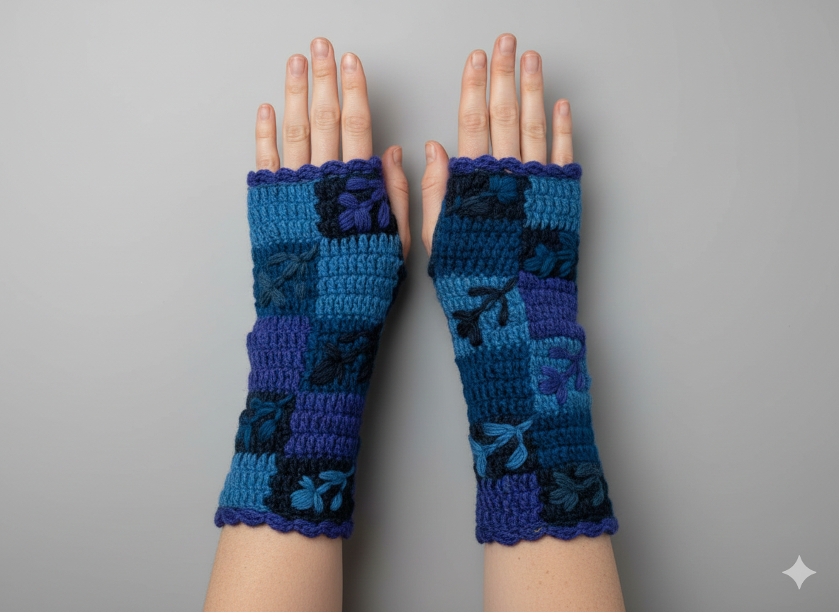 Handmade Crochet Stitch Handwarmers 100% Wool | Fleece Lined Fingerless Gloves One Size P1