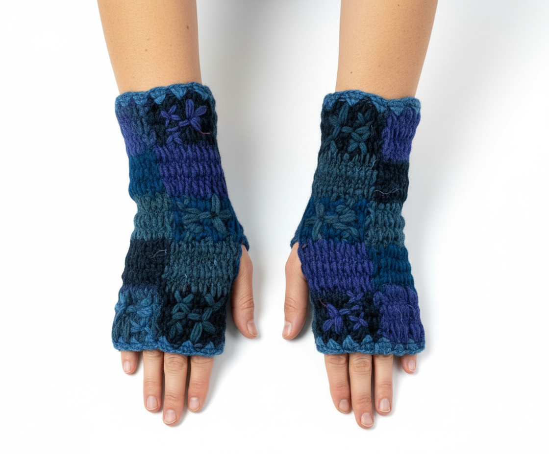 Handmade Crochet Stitch Handwarmers 100% Wool | Fleece Lined Fingerless Gloves One Size P10