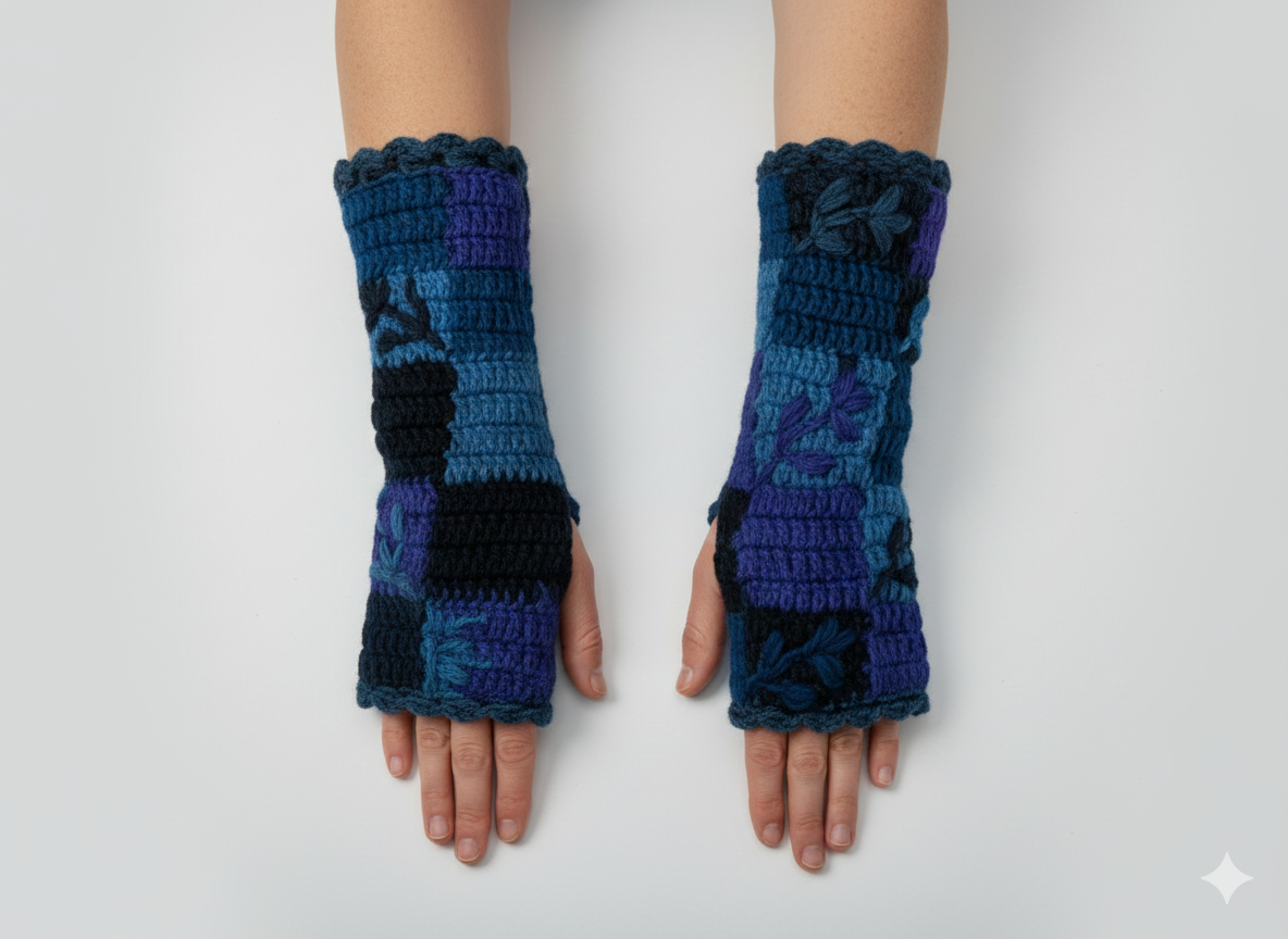 Handmade Crochet Stitch Handwarmers 100% Wool | Fleece Lined Fingerless Gloves One Size P11