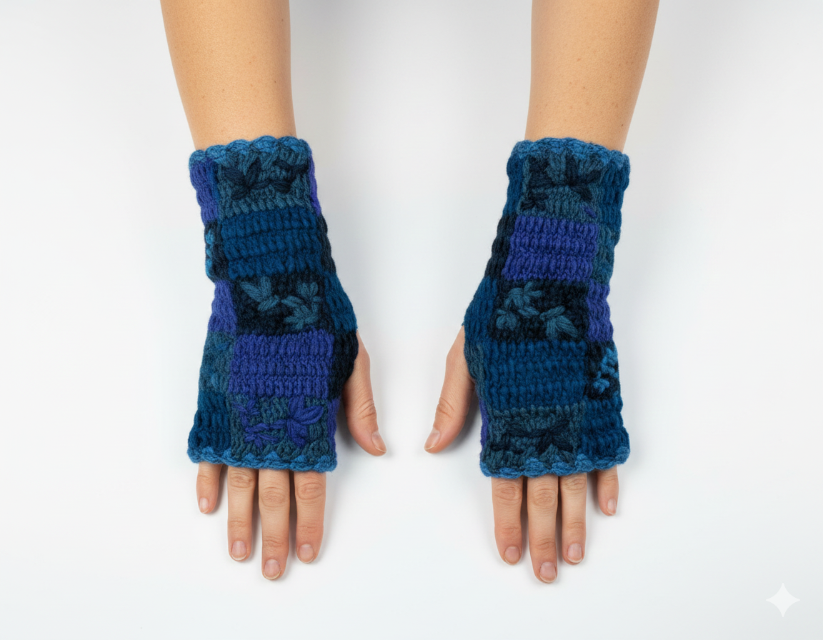 Handmade Crochet Stitch Handwarmers 100% Wool | Fleece Lined Fingerless Gloves One Size P12