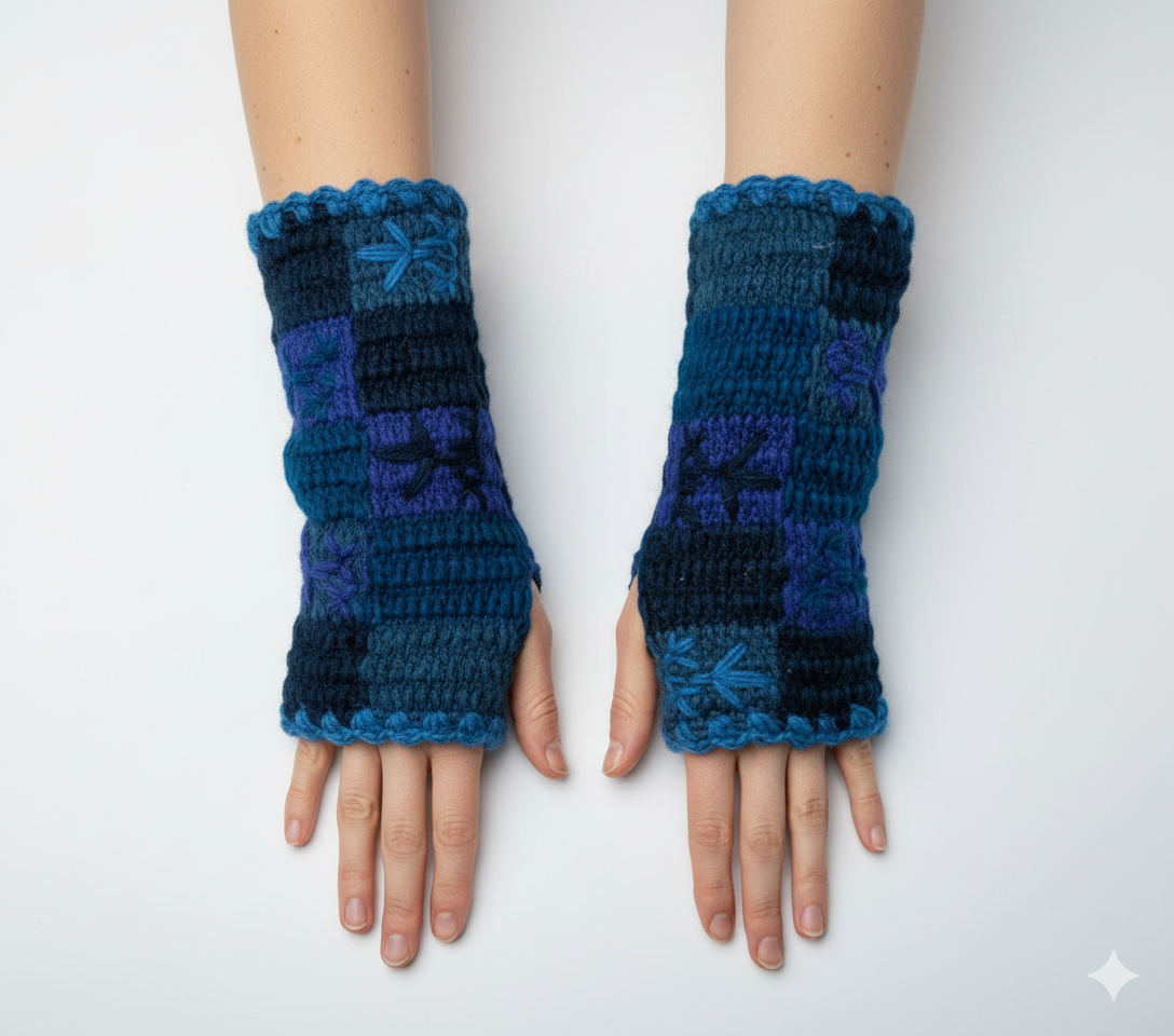 Handmade Crochet Stitch Handwarmers 100% Wool | Fleece Lined Fingerless Gloves One Size P16