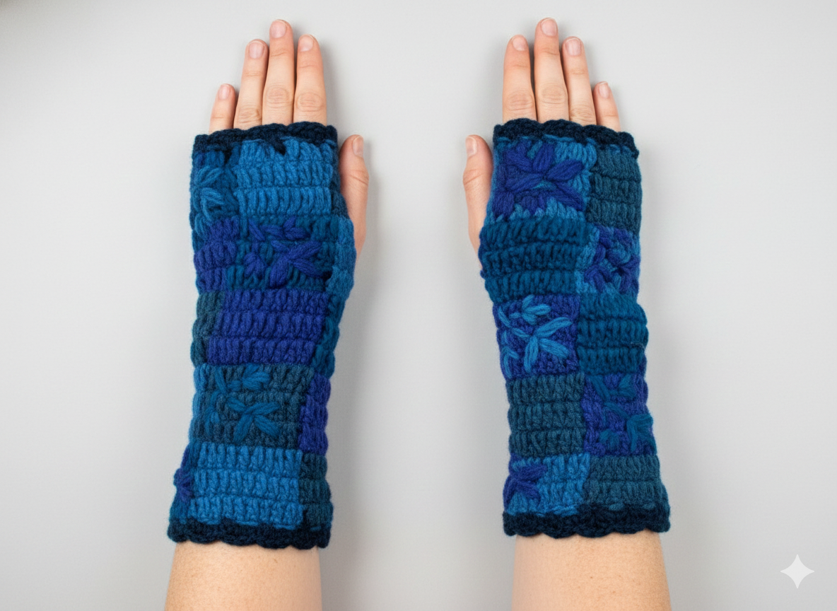Handmade Crochet Stitch Handwarmers 100% Wool | Fleece Lined Fingerless Gloves One Size P18