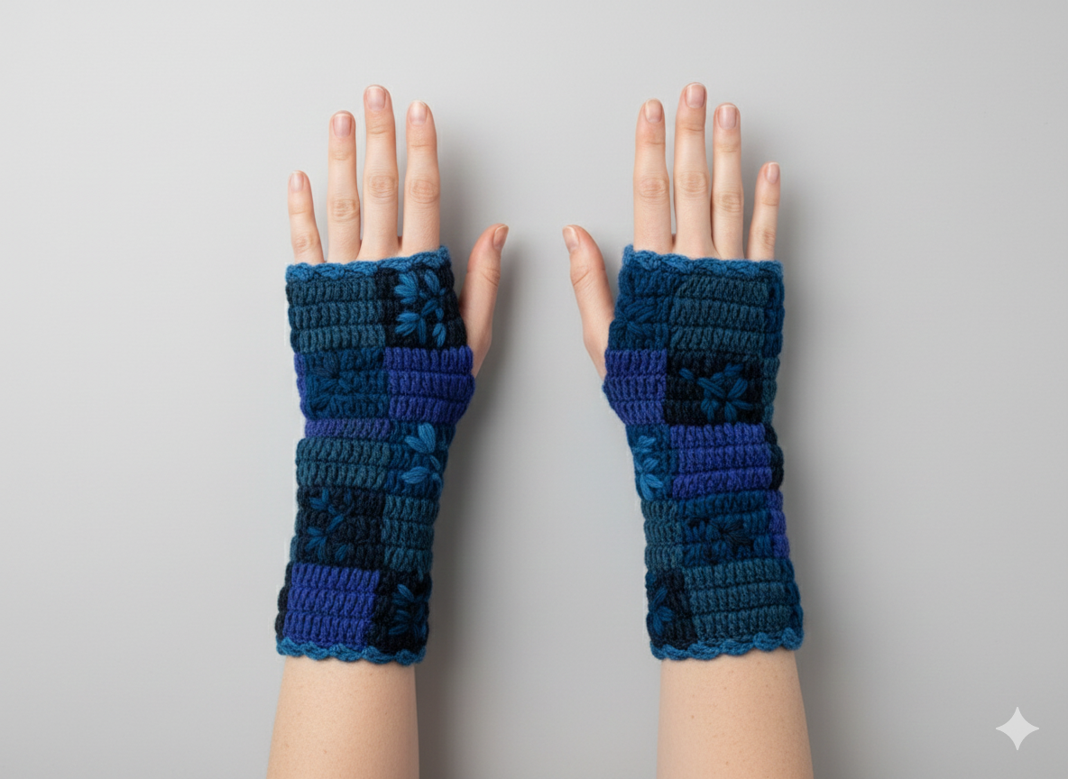 Handmade Crochet Stitch Handwarmers 100% Wool | Fleece Lined Fingerless Gloves One Size P19