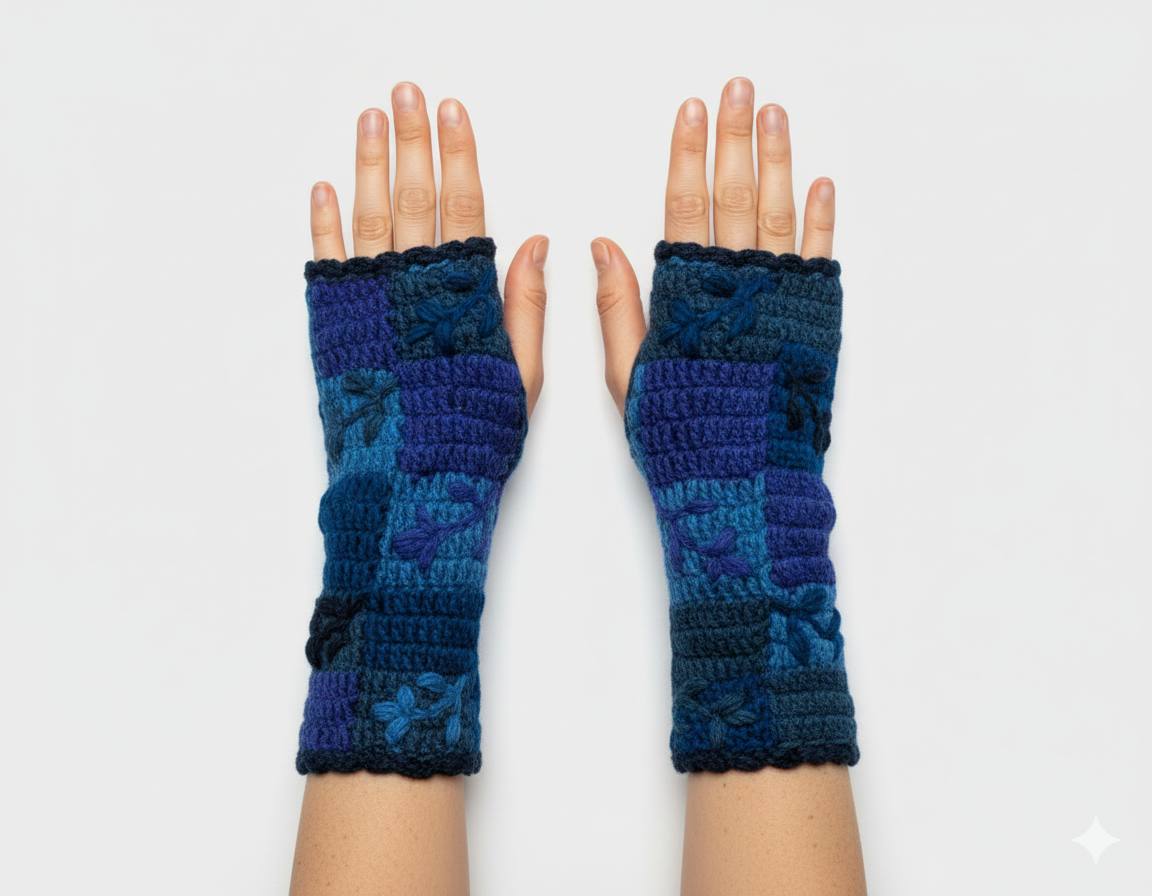 Handmade Crochet Stitch Handwarmers 100% Wool | Fleece Lined Fingerless Gloves One Size P21