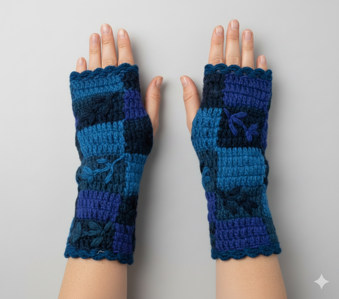 Handmade Crochet Stitch Handwarmers 100% Wool | Fleece Lined Fingerless Gloves One Size P23