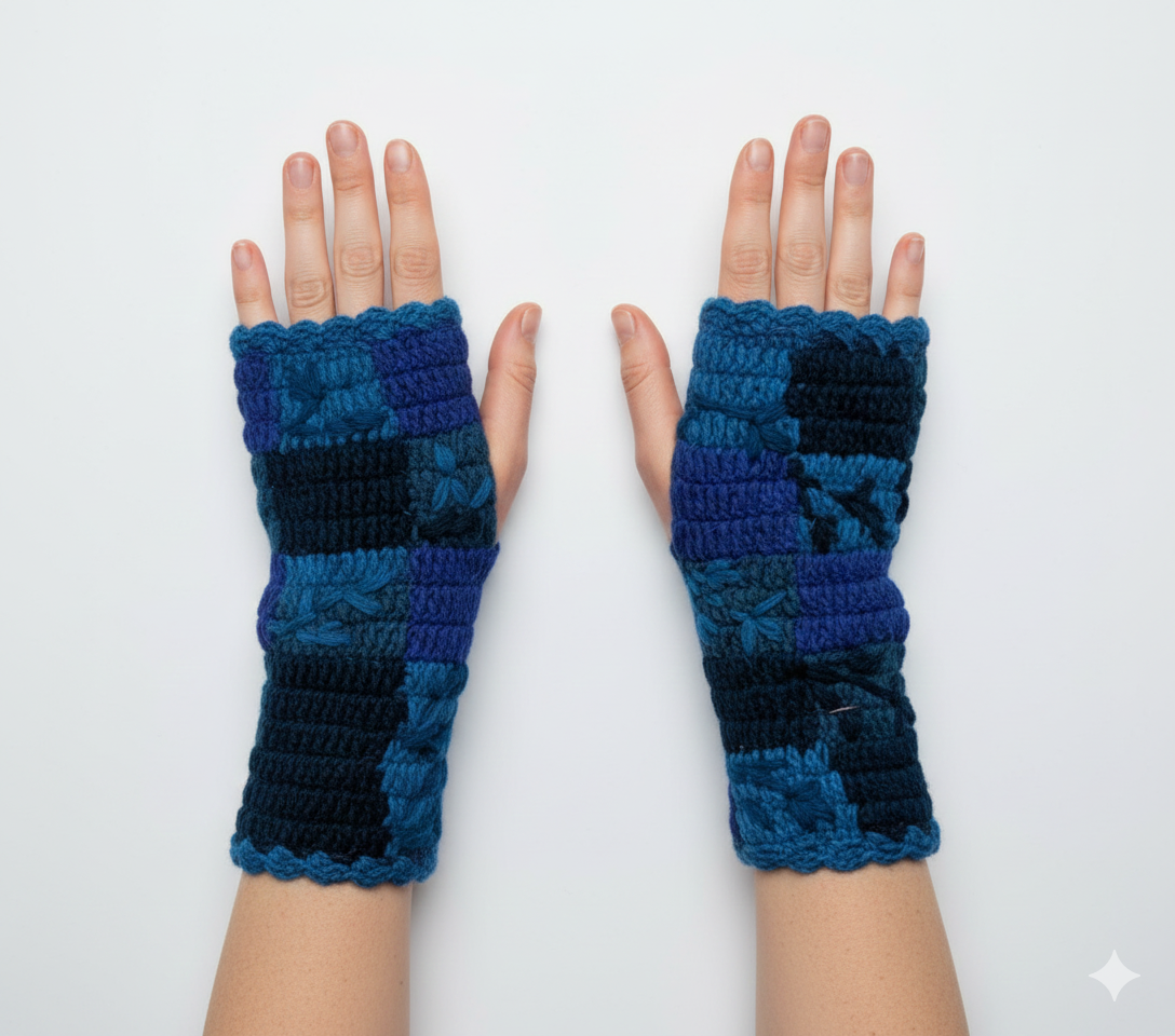 Handmade Crochet Stitch Handwarmers 100% Wool | Fleece Lined Fingerless Gloves One Size P25
