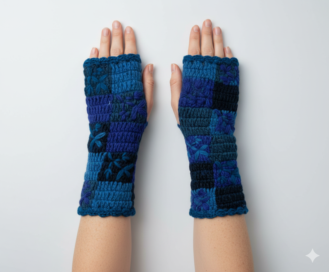 Handmade Crochet Stitch Handwarmers 100% Wool | Fleece Lined Fingerless Gloves One Size P26