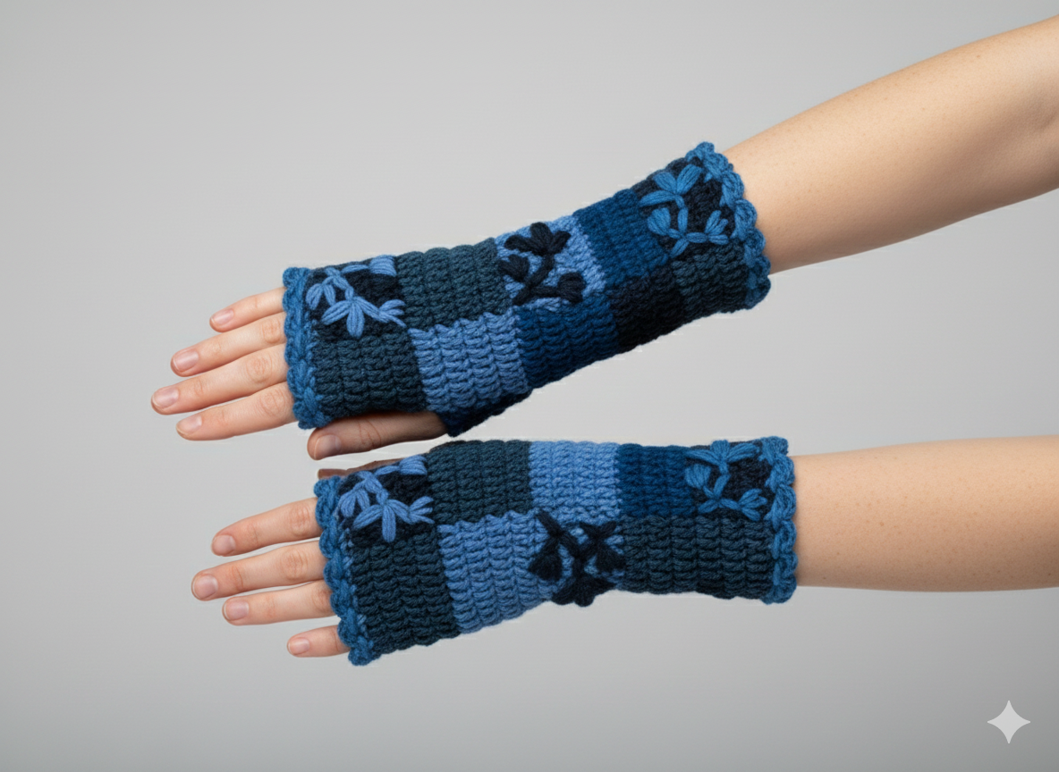 Handmade Crochet Stitch Handwarmers 100% Wool | Fleece Lined Fingerless Gloves One Size P3