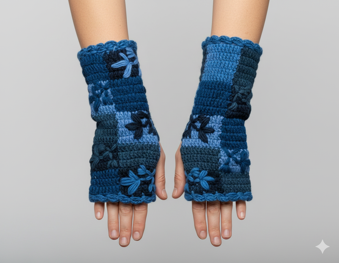 Handmade Crochet Stitch Handwarmers 100% Wool | Fleece Lined Fingerless Gloves One Size P4