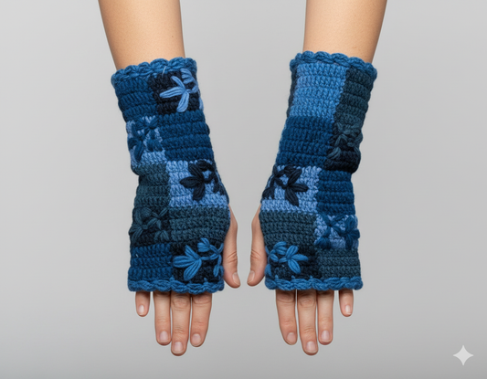 Handmade Crochet Stitch Handwarmers 100% Wool | Fleece Lined Fingerless Gloves One Size P4