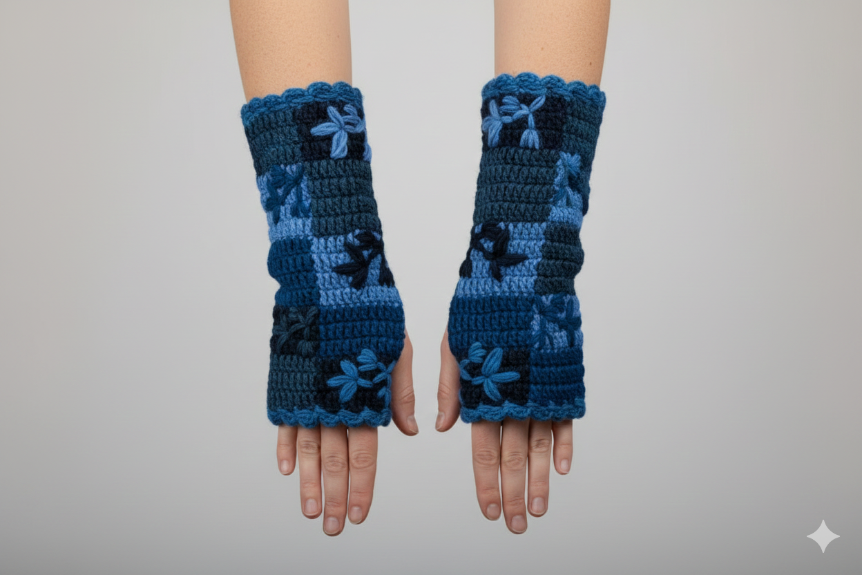 Handmade Crochet Stitch Handwarmers 100% Wool | Fleece Lined Fingerless Gloves One Size P7