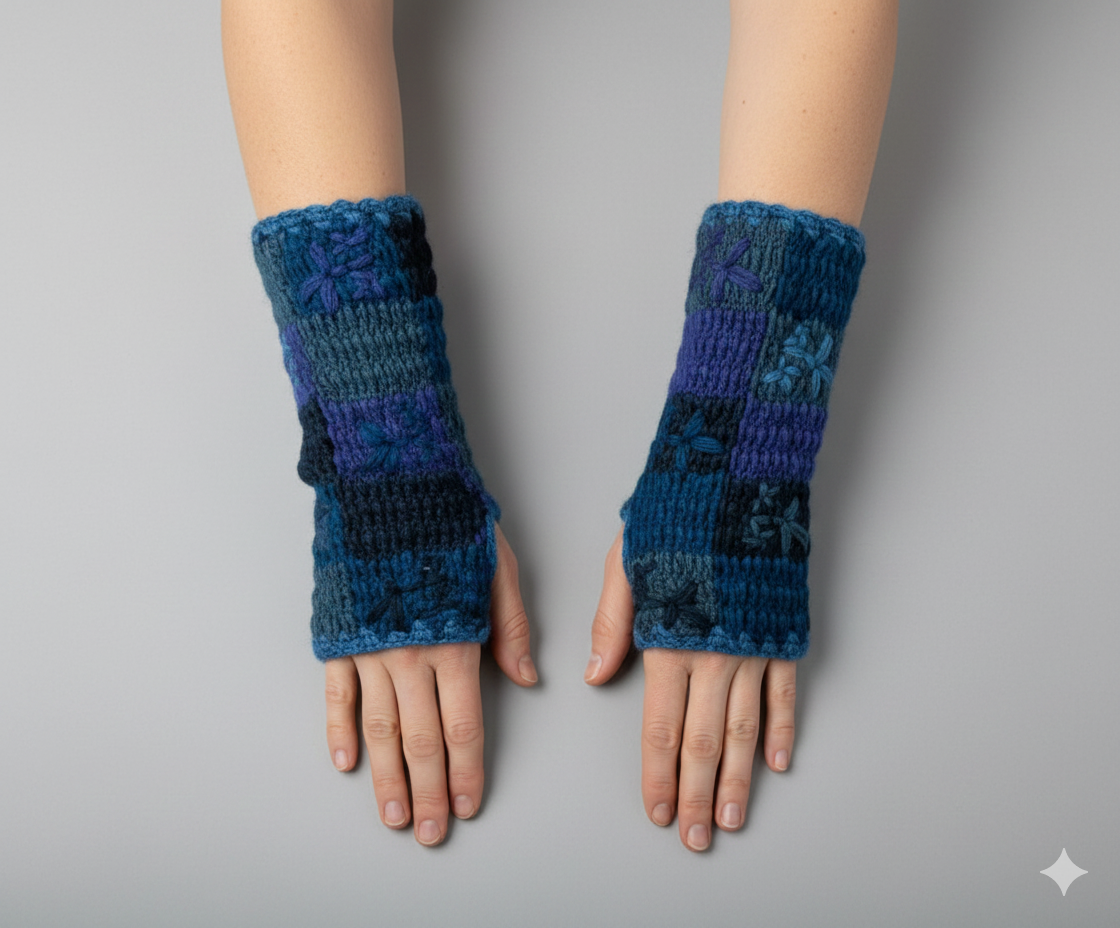 Handmade Crochet Stitch Handwarmers 100% Wool | Fleece Lined Fingerless Gloves One Size P9