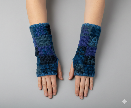 Handmade Crochet Stitch Handwarmers 100% Wool | Fleece Lined Fingerless Gloves One Size P9