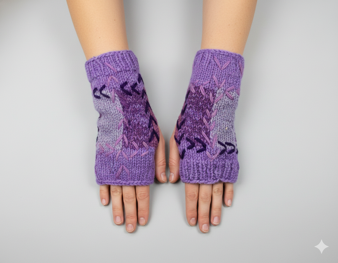 Handmade Crochet Stitch Handwarmers 100% Wool | Fleece Lined Fingerless Gloves One Size P11