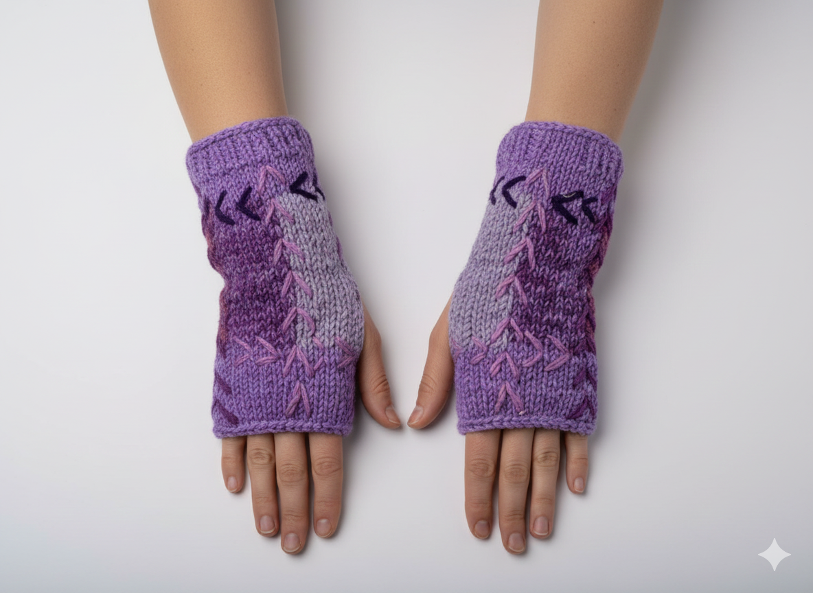 Handmade Crochet Stitch Handwarmers 100% Wool | Fleece Lined Fingerless Gloves One Size P13