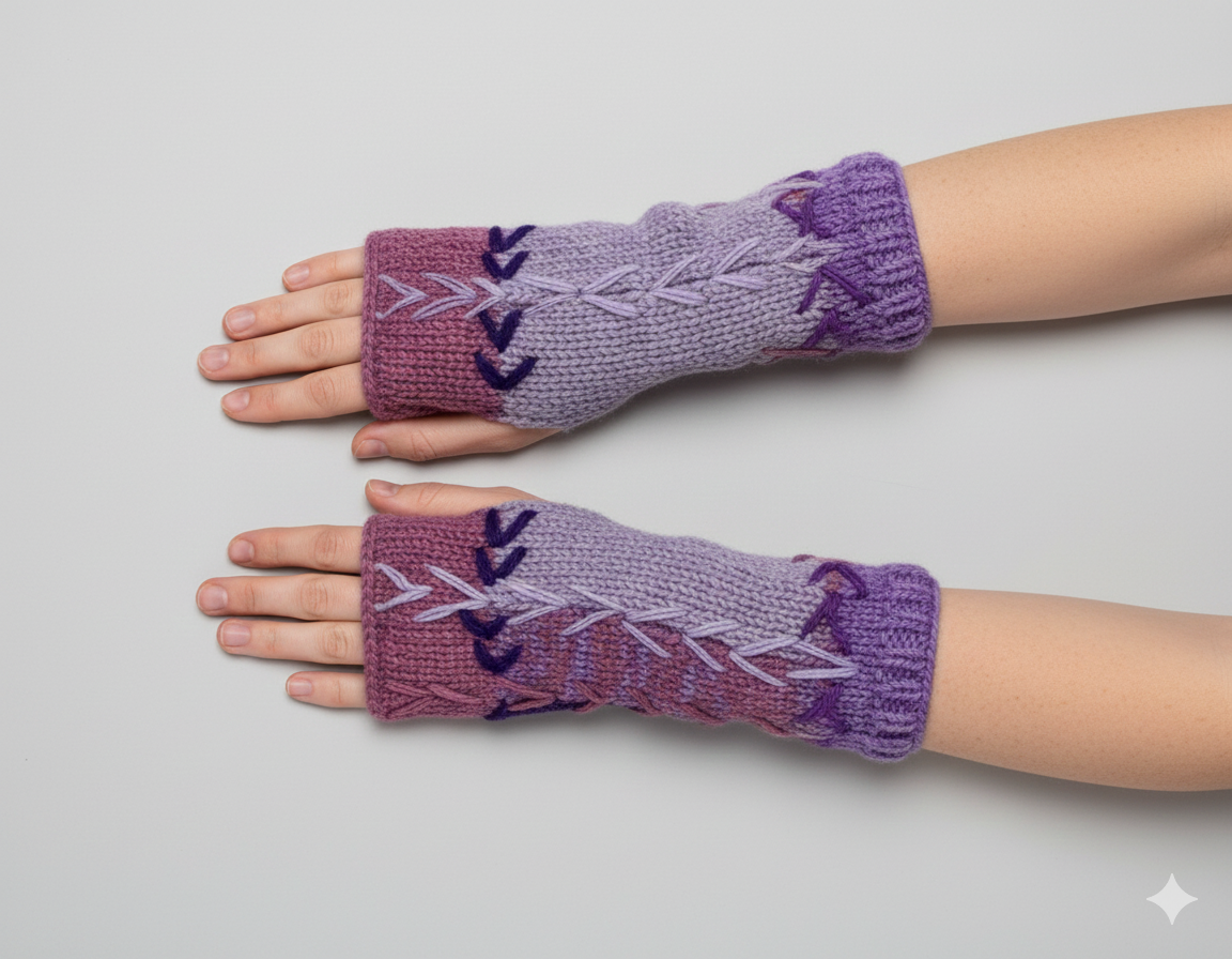 Handmade Crochet Stitch Handwarmers 100% Wool | Fleece Lined Fingerless Gloves One Size P3