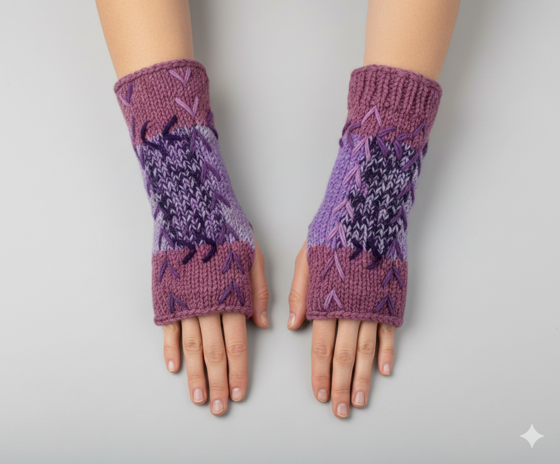 Handmade Crochet Stitch Handwarmers 100% Wool | Fleece Lined Fingerless Gloves One Size P4