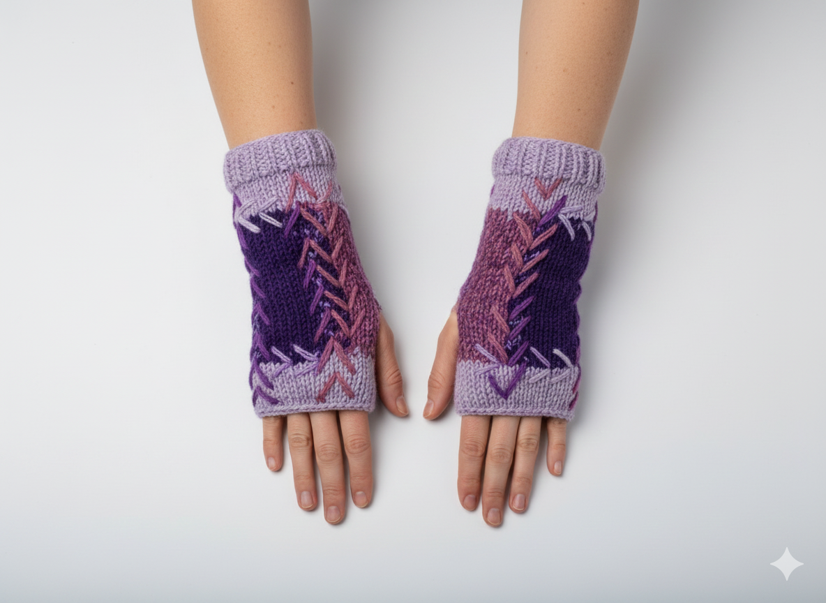 Handmade Crochet Stitch Handwarmers 100% Wool | Fleece Lined Fingerless Gloves One Size P7