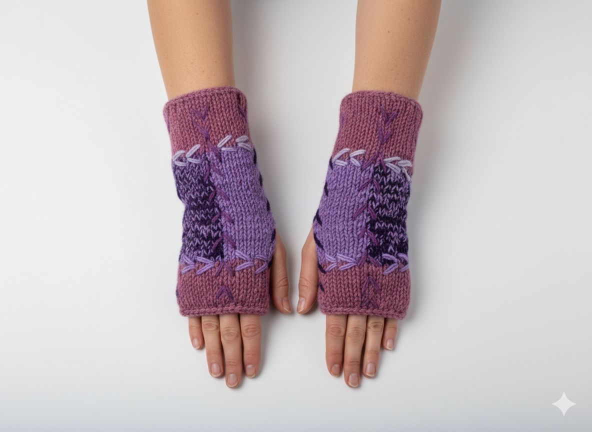 Handmade Crochet Stitch Handwarmers 100% Wool | Fleece Lined Fingerless Gloves One Size P9