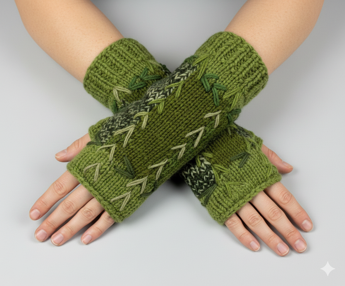 Handmade Crochet Stitch Handwarmers 100% Wool | Fleece Lined Fingerless Gloves One Size P15