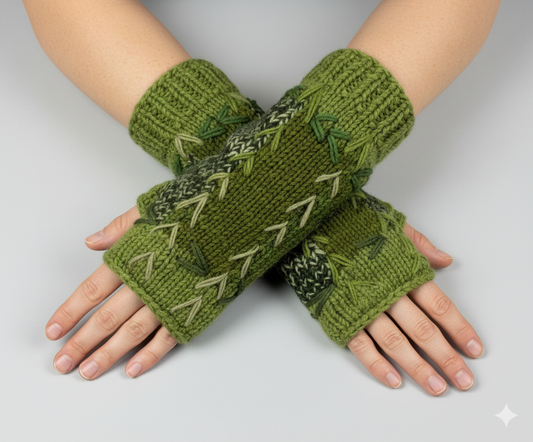 Handmade Crochet Stitch Handwarmers 100% Wool | Fleece Lined Fingerless Gloves One Size P15
