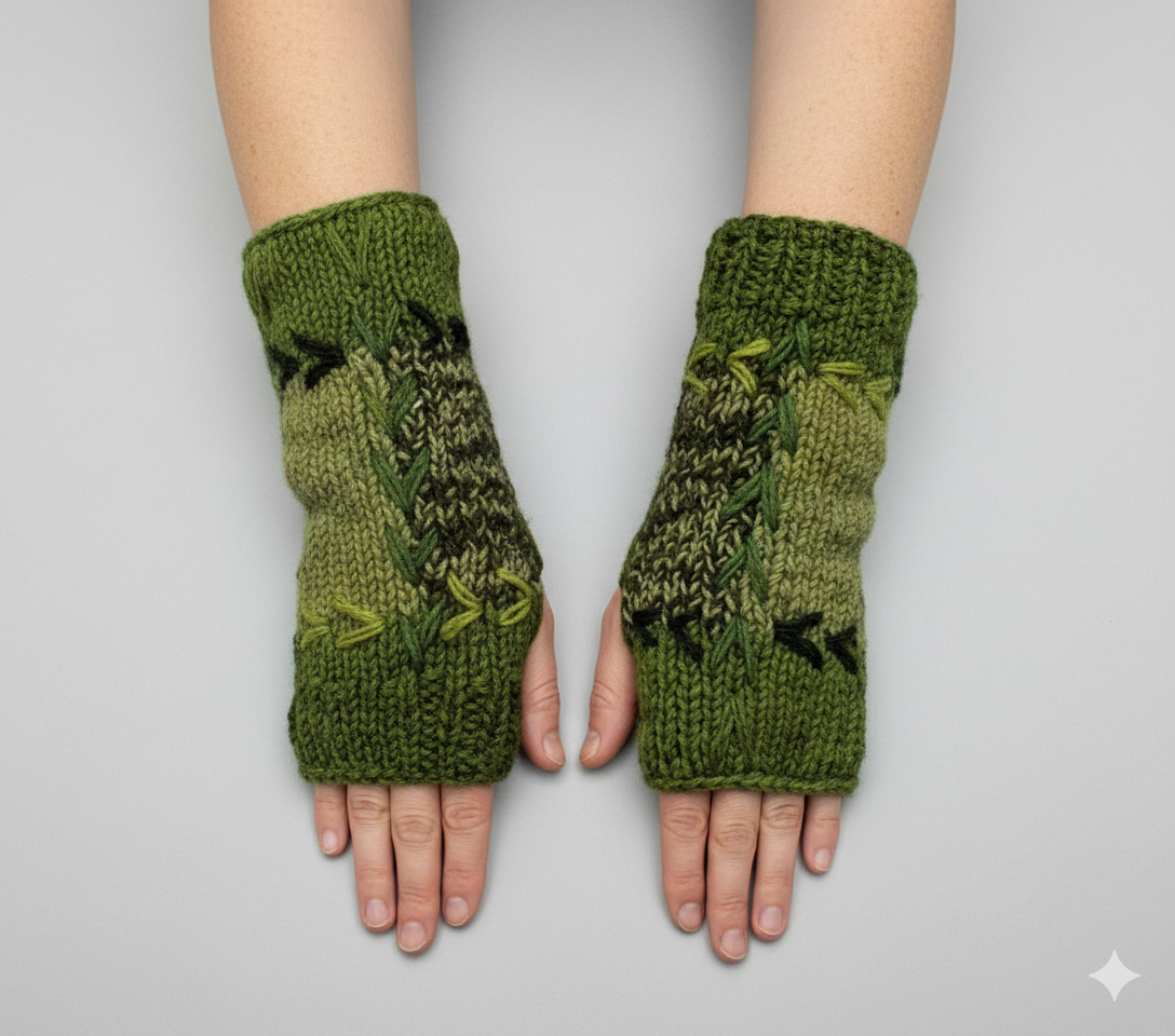 Handmade Crochet Stitch Handwarmers 100% Wool | Fleece Lined Fingerless Gloves One Size P3