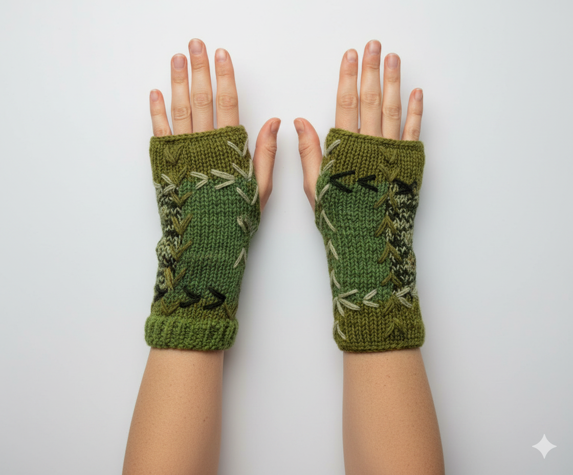 Handmade Crochet Stitch Handwarmers 100% Wool | Fleece Lined Fingerless Gloves One Size P7