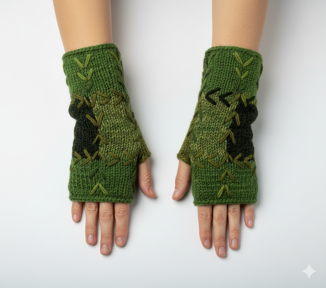 Handmade Crochet Stitch Handwarmers 100% Wool | Fleece Lined Fingerless Gloves One Size P9