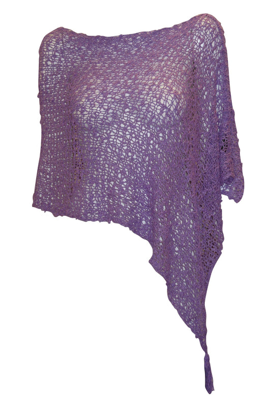 Womens Crochet Poncho Asymmetrical Boho Tassel Shawl Pullover Cover up Free Size 8-20 Lilac